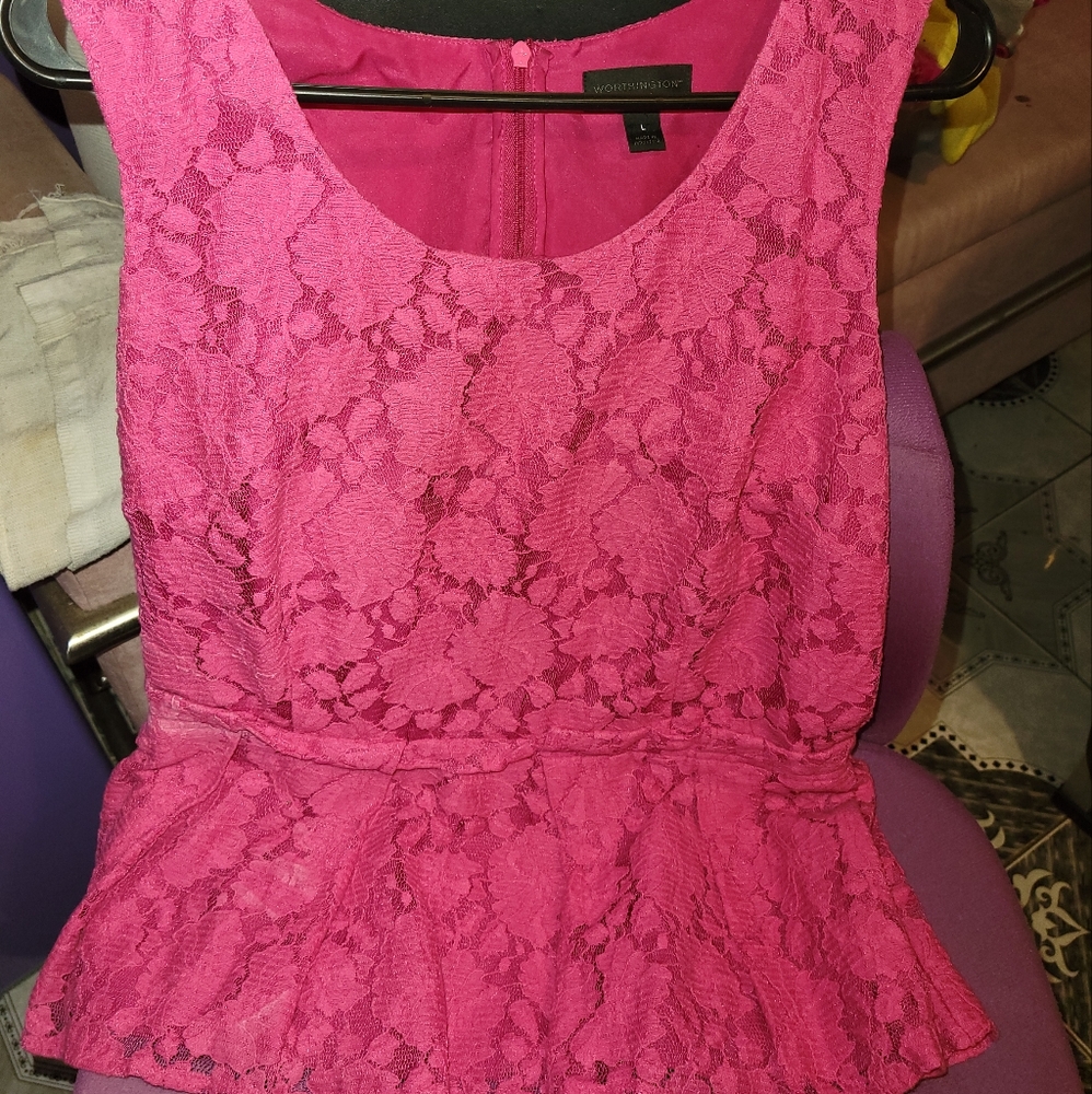 Worthington Pink Lace Lined Pleated Hem Top L